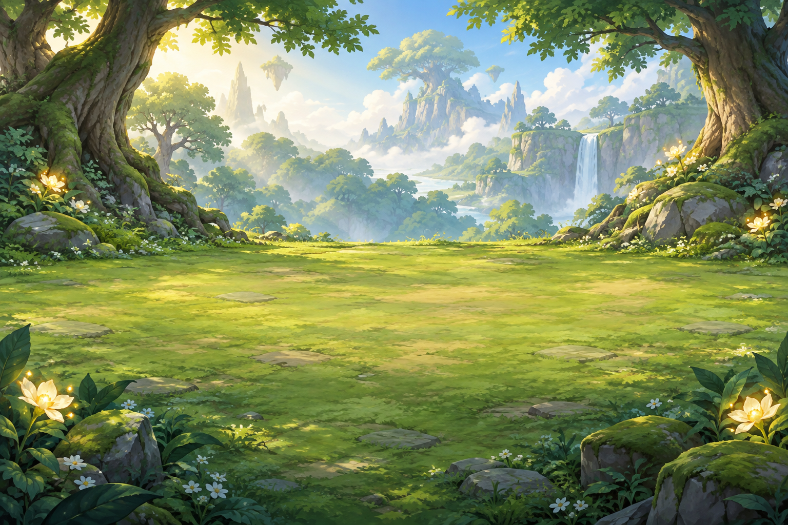 A sunlit forest clearing, distant cliffs and waterfalls in the world of Hearthlight Saga